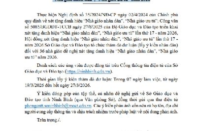 Thông báo về việc thăm dò dư luận đối với các nhà giáo đề nghị xét tặng danh hiệu “Nhà giáo nhân dân”, “Nhà giáo ưu tú” năm 2026