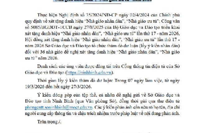 Thông báo về việc thăm dò dư luận đối với các nhà giáo đề nghị xét tặng danh hiệu “Nhà giáo nhân dân”, “Nhà giáo ưu tú” năm 2026