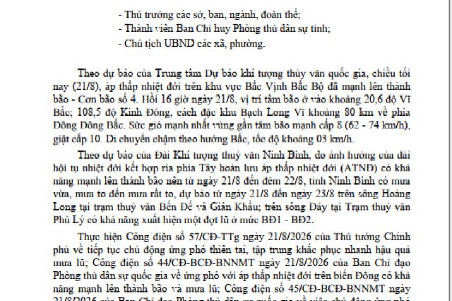CÔNG ĐIỆN: Về việc ứng phó với bão số 4 và mưa lũ