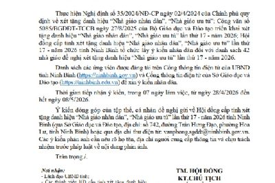 Thông báo về việc lấy ý kiến nhân dân đối với danh sách nhà giáo đề nghị xét tặng danh hiệu “Nhà giáo ưu tú” lần thứ 17 – năm 2026 (của Hội đồng cấp tỉnh)