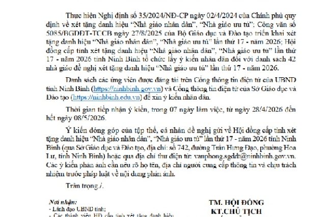 Thông báo về việc lấy ý kiến nhân dân đối với danh sách nhà giáo đề nghị xét tặng danh hiệu “Nhà giáo ưu tú” lần thứ 17 – năm 2026 (của Hội đồng cấp tỉnh)
